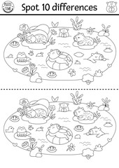 Find differences game for children. Capybara black and white activity with animals swimming, having fun in pond. Puzzle for kids with capibara. Printable worksheet or coloring page
