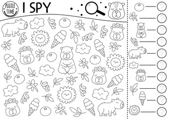 Capybara I spy game for kids. Searching and counting activity with cute relaxing animals on holiday. Capibara black and white summer printable worksheet, coloring page. Simple spotting puzzle
