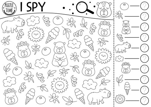 Capybara I spy game for kids. Searching and counting activity with cute relaxing animals on holiday. Capibara black and white summer printable worksheet, coloring page. Simple spotting puzzle