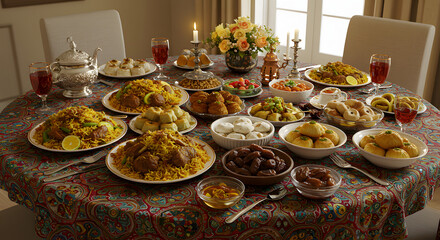 Fototapeta premium A beautifully decorated Eid table with traditional food and sweets