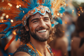 Smiling Man Wearing Colorful Feathered Headdress at Carnival