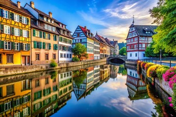 Naklejka premium Vibrant Strasbourg Canals: Minimalist Colorful Cityscape Photography