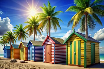 Fototapeta premium Vibrant Summer Beach Huts: Colorful Striped Bungalows, Palm Trees, Sunny Seascape