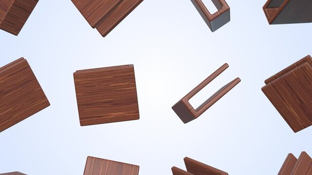 Napkin Holders Falling on a Light Blue Background. Wooden Napkin Holders 3D. 4K