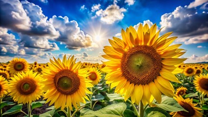 Fototapeta premium Vibrant Sunflowers Blooming Under a Blue Sky with Fluffy Clouds - Stunning Summer Stock Photo