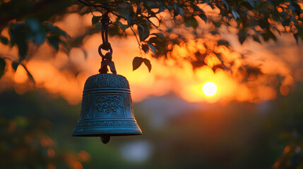 Buddhist temple bell ringing at dusk, silhouetted against a golden sky