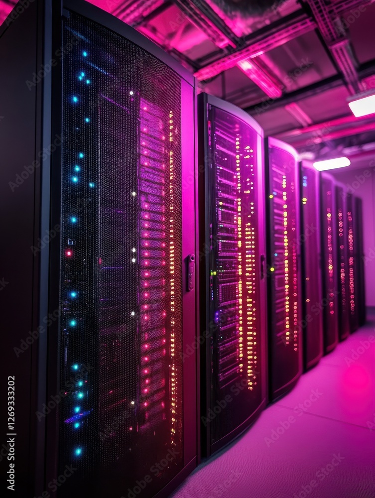 Poster futuristic server room with glowing lights, representing secure and verified data storage or cloud c
