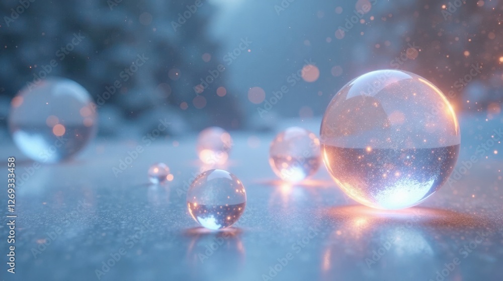 Poster glowing spheres on a frosty surface, illuminated by inner light and surrounded by sparkling particle