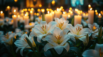Christian altar adorned with lilies and candles during an Easter service © Wararat