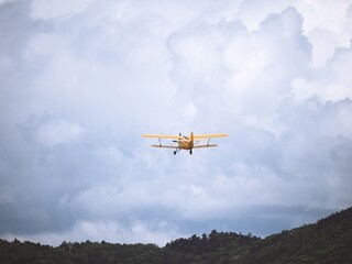 A vintage yellow biplane soars into the sky above a lush green landscape with distant buildings. The cloudy sky adds depth to the scenic aviation moment.