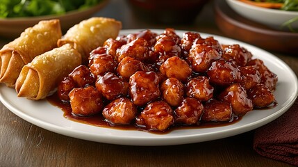 A large portion of General Tsoa's Chicken on a white plate, the crispy pieces drenched in a glossy sweet and sour sauce, served with a side of crispy egg rolls 