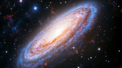 Fototapeta premium Vibrant Swirling Galaxy with Bright Center Core Shimmers Across Vast Starry Space