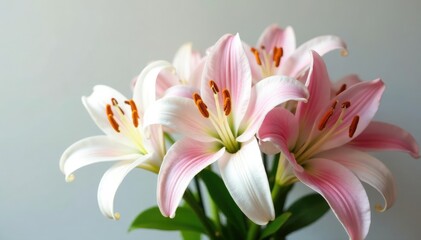 A bouquet of white and pink lilies in a bunch, white lilies, fresh