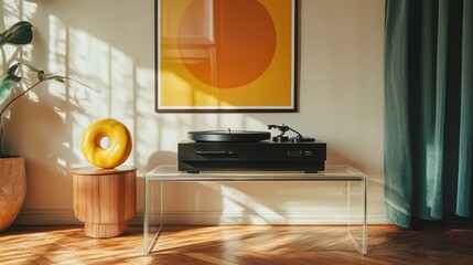 Sunlit apartment, vinyl record player, mid-century decor,  music listening