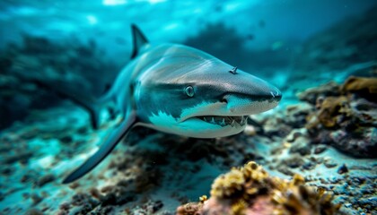 Fototapeta premium A close-up of a shark swimming underwater among colorful coral, showcasing its sleek body and sharp features in a vibrant marine environment.
