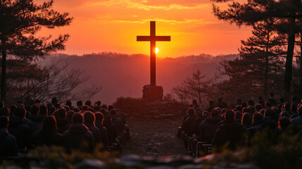 Christian Easter service outdoors, with a sunrise cross and a congregation singing hymns
