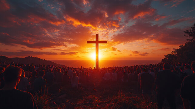 Christian Easter service outdoors, with a sunrise cross and a congregation singing hymns