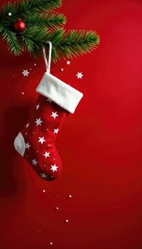 A red background with a fir branch featuring hungred white star-patterned stockings and small snowflakes falling down around them, pine, stocking