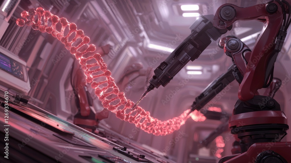 Poster a futuristic robotic arm manipulates a glowing red strand in a high-tech environment, showcasing adv