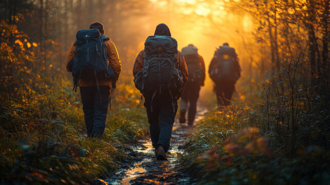 Christian pilgrims walking along a serene forest trail, carrying their faith through nature