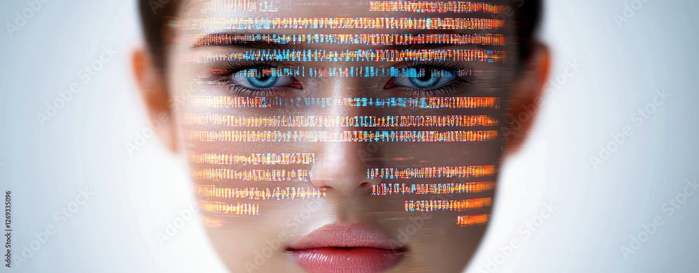 Poster a close-up of a woman's face with striking blue eyes, overlaid with colorful binary code, symbolizin