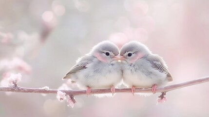 Fototapeta premium Two cute, gray little birds snuggling on a branch, with soft lighting and a blurred background.