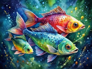 Fototapeta premium Vibrant Watercolor Fish Painting, Low Light Artistic Splash Background Stock Photo