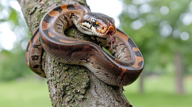 ball python conept. A snake coiled around a tree branch in a natural setting.