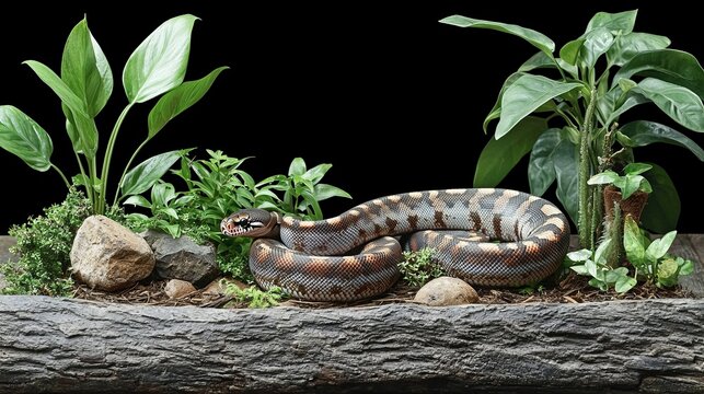 ball python conept. A snake resting on a log surrounded by lush green plants and rocks.