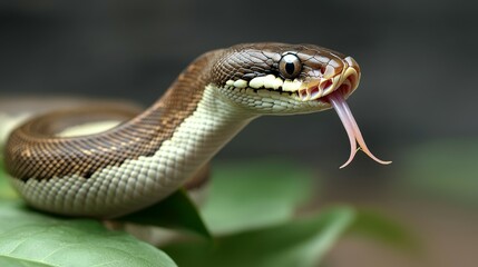 Obraz premium ball python conept. A close-up of a brown snake with a flicking tongue on green foliage.