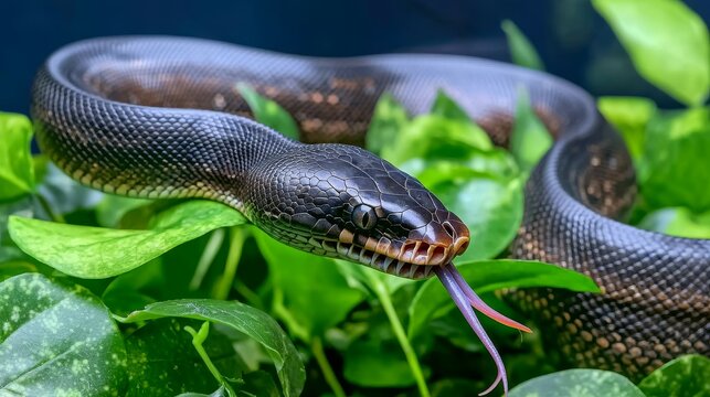 ball python conept. A black snake with a forked tongue rests among vibrant green leaves.