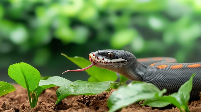 ball python conept. Snake resting among lush green plants, tongue flicking in a vibrant environment.