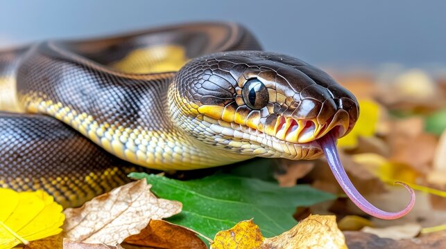 ball python conept. Close-up of a snake on autumn leaves, showcasing its scales and flicking tongue.