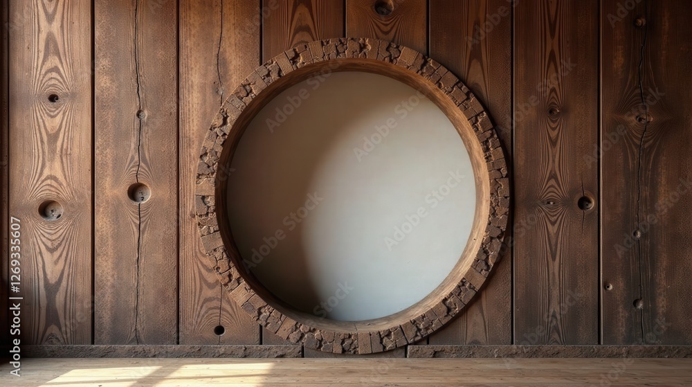 Poster Rustic Wooden Wall with Intricate Circular Frame and Neutral Background for Display