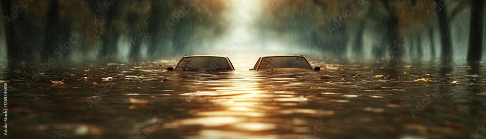 Poster two submerged cars are partially visible in a tranquil, flooded landscape, illuminated by soft light