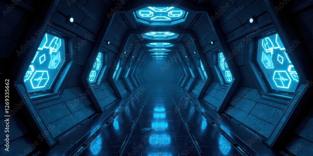Poster Futuristic spaceship corridor with glowing hexagonal panels and a reflective floor, an image ideal for science fiction backgrounds