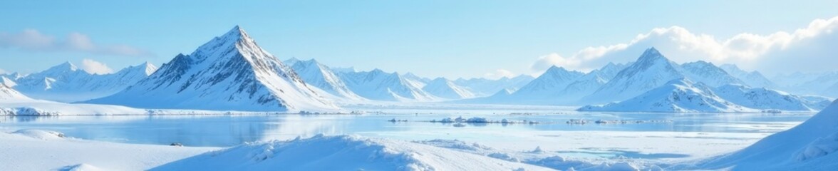 Obraz premium Frosty landscape with snow-capped mountains in the background, icy, snowy, blue