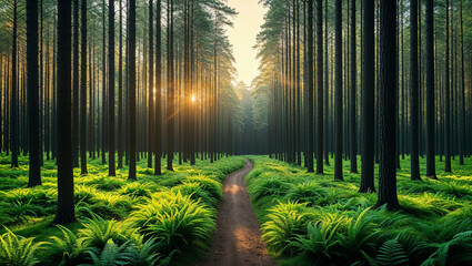 Winding dirt road through lush fern forest at golden hour