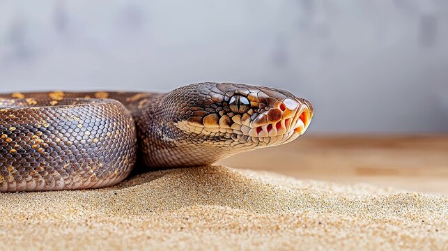 ball python conept. Close-up of a snake on sand with a textured background.