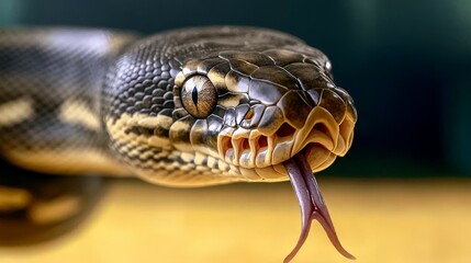 Obraz premium ball python conept. Close-up of a snake with its tongue flicking out, showcasing detailed scales and features.