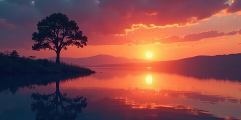 Obraz premium Serene Sunset Landscape A solitary tree stands silhouetted against a fiery, vibrant sky as the sun dips below the horizon, its reflection shimmering on the tranquil water.