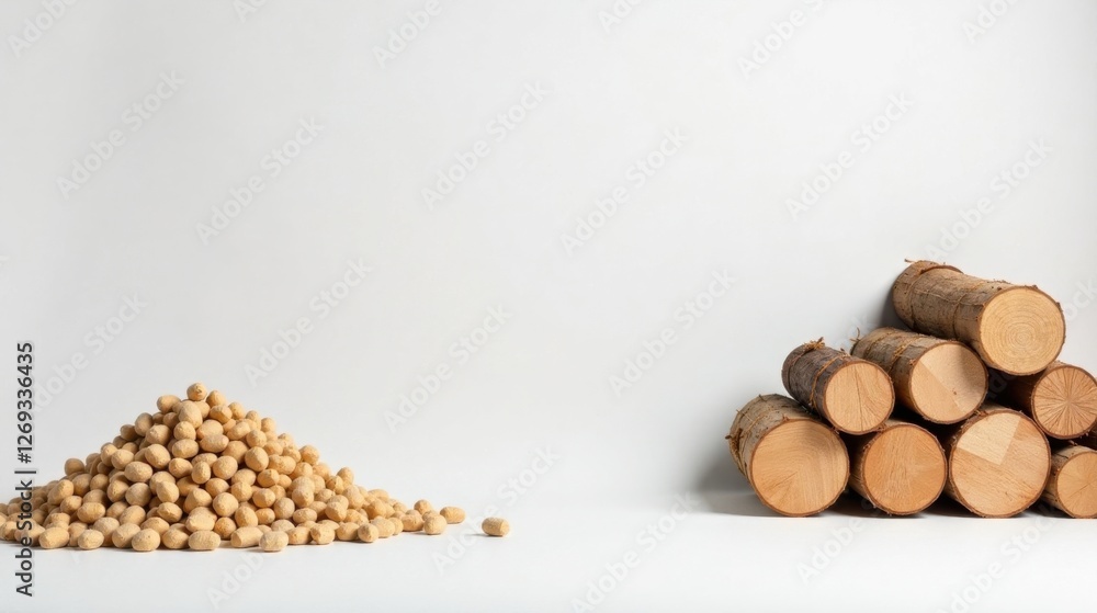 Aufkleber a collection of small, light brown, round objects situated next to a stack of wood logs against a pl
