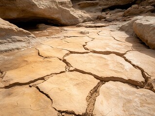A dry, cracked earth surface displaying a network of fissures, highlighting the effects of drought or arid conditions in a natural landscape.