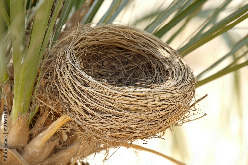 Poster bird nest made of twigs in a palm tree with natural background