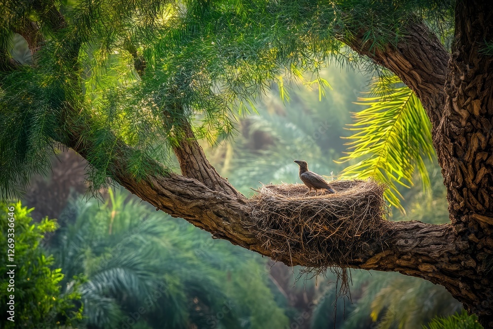 Aufkleber bird nest in tree with soft fog and lush green leaves background