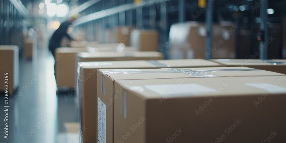 Poster close up of cargo boxes in warehouse with worker in background