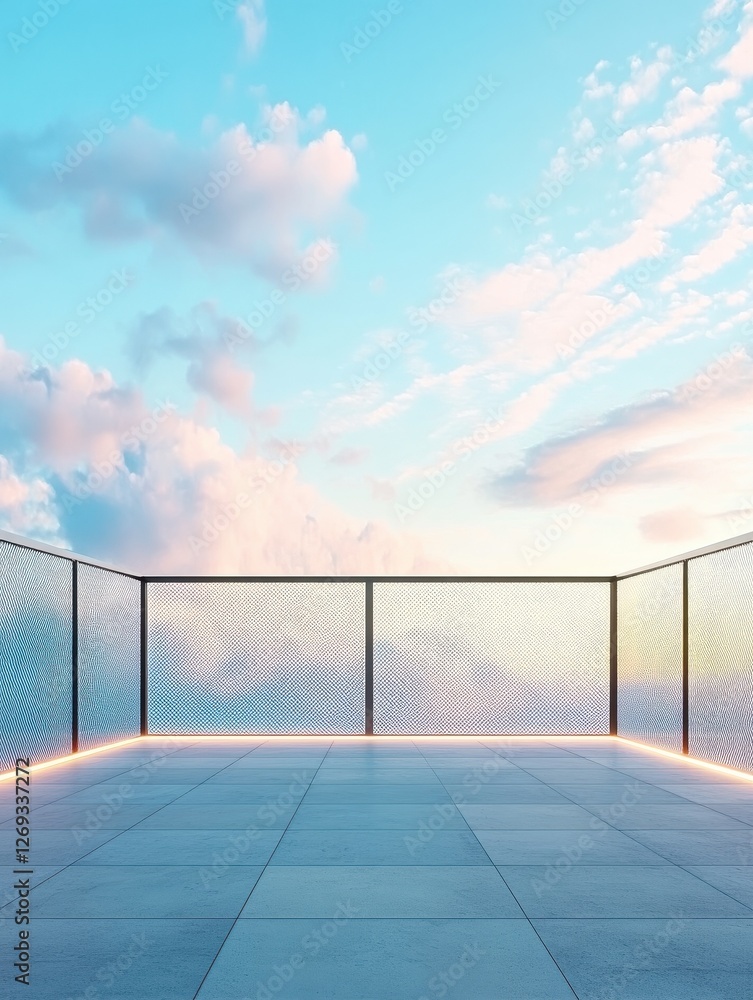 Poster blank open air presentation stage with glowing light between fence and floor and blue sky on backgro