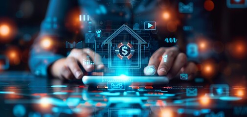 A person interacts with a smartphone displaying digital icons, symbolizing finance, technology, and smart home management.