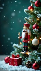 Snowy fir branch with nutcracker and gift box, winter, garland