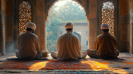 Islamic teacher guiding students through Quranic studies in a peaceful madrasa